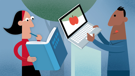 Illustration med kvinde med bog og mand med PC med æble på skærmen.